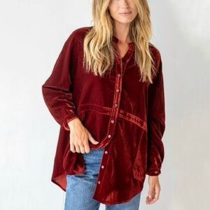 Elegant Velvet Button-Up Shirt - Deep Red